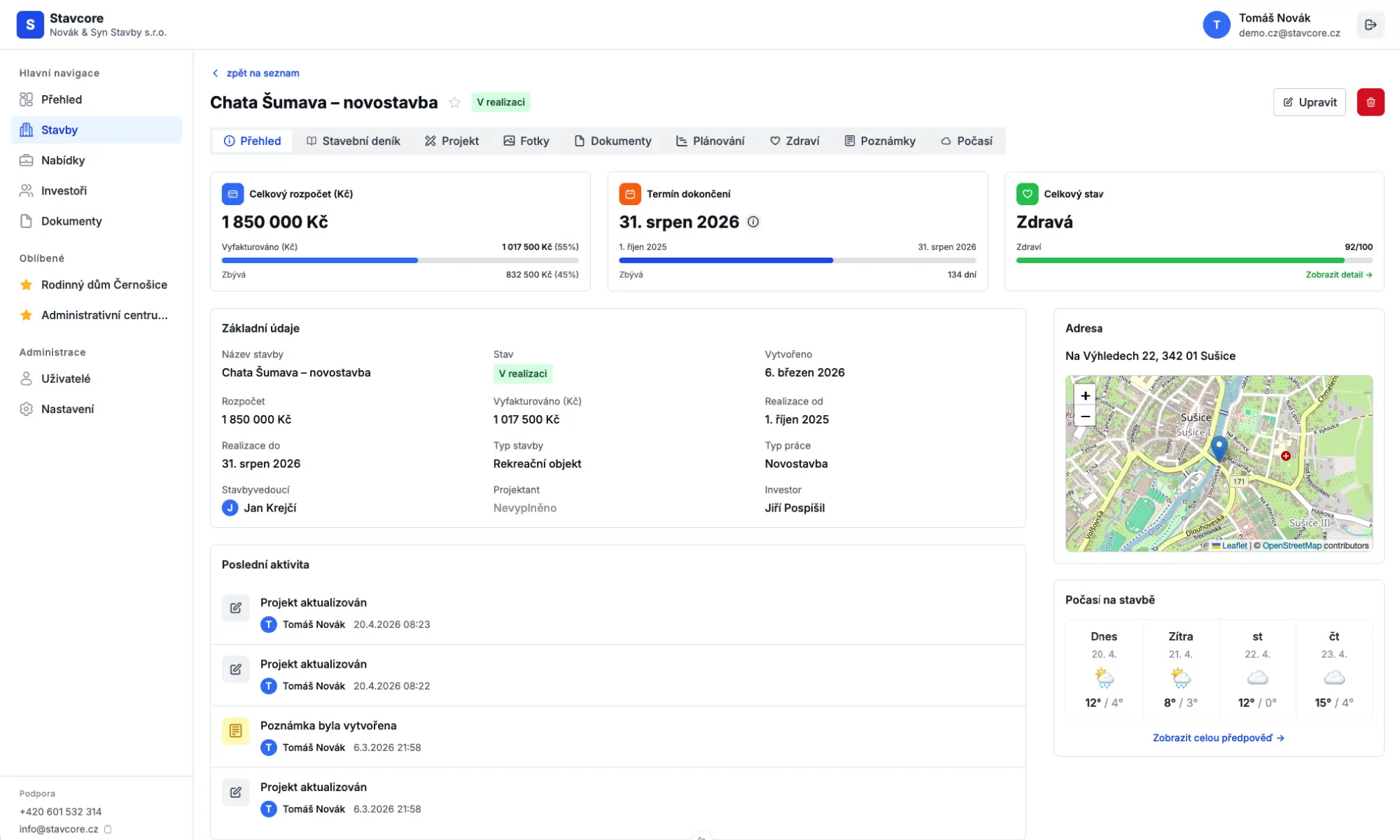 Stavcore – Ganttův diagram a harmonogram