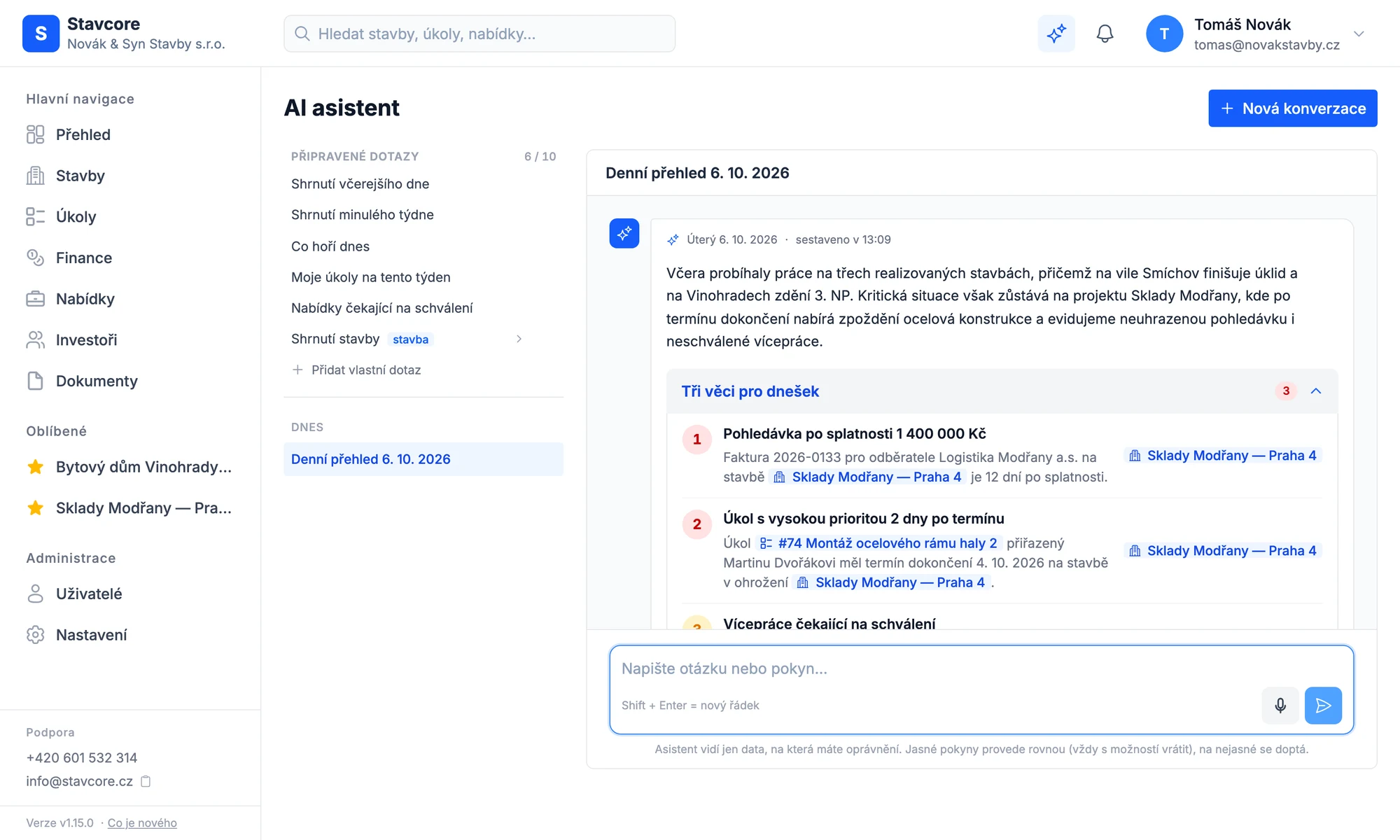 Stavcore – AI asistent s denním přehledem