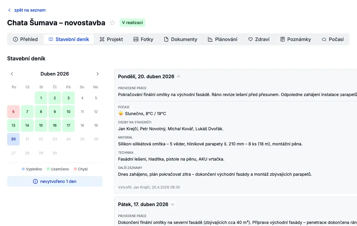 Ukázka stavebního deníku v aplikaci Stavcore