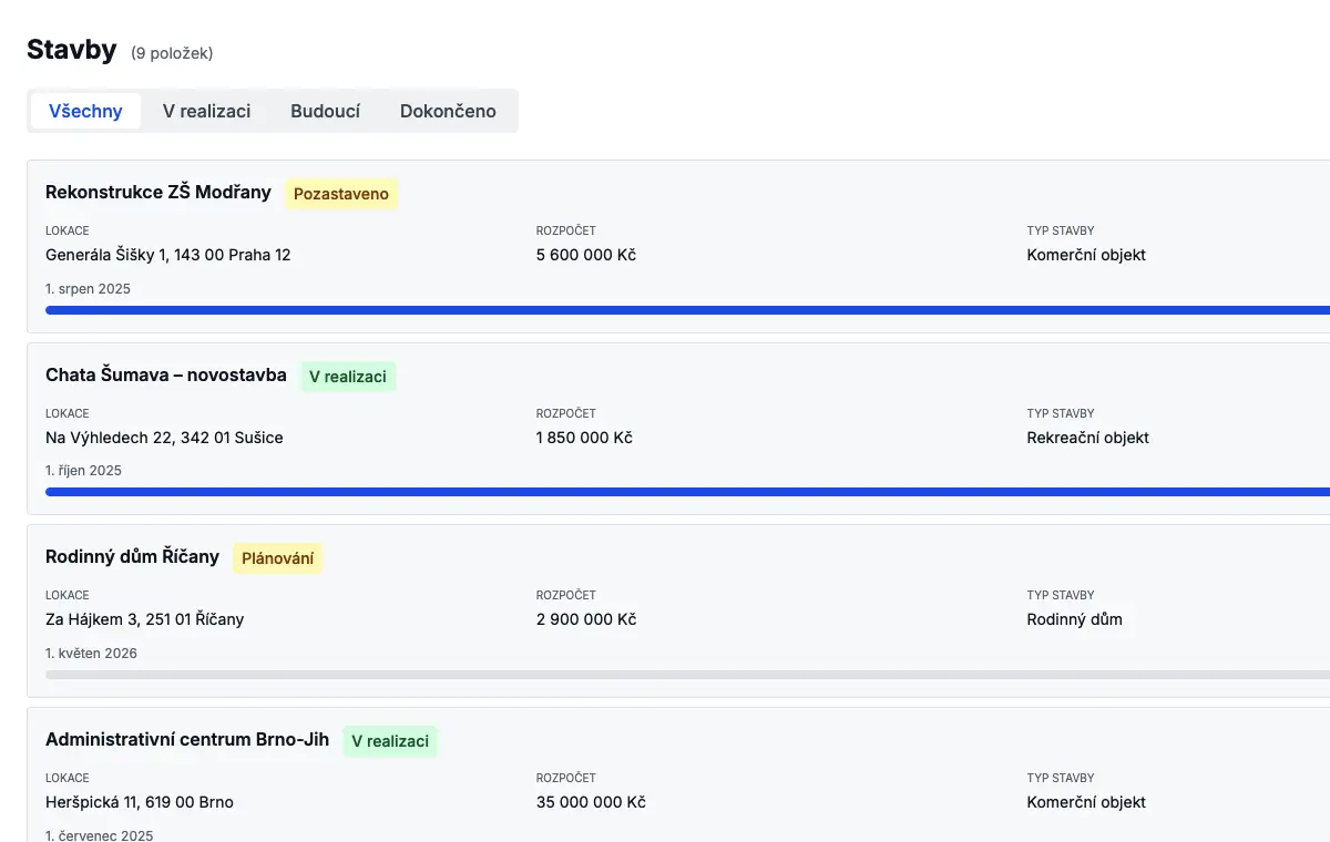 Ukázka přehledu staveb v aplikaci Stavcore