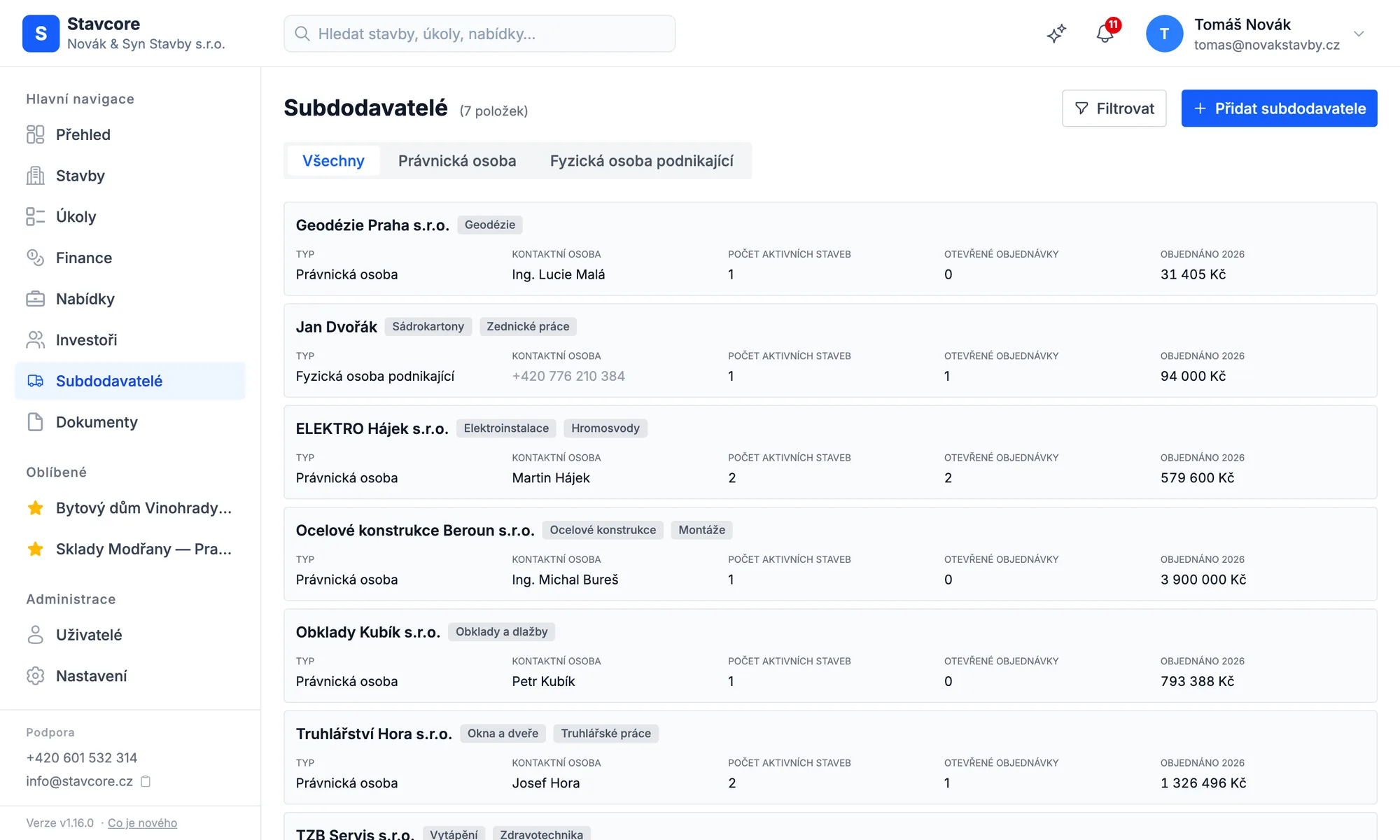 Stavcore – přehled subdodavatelů s objednávkami