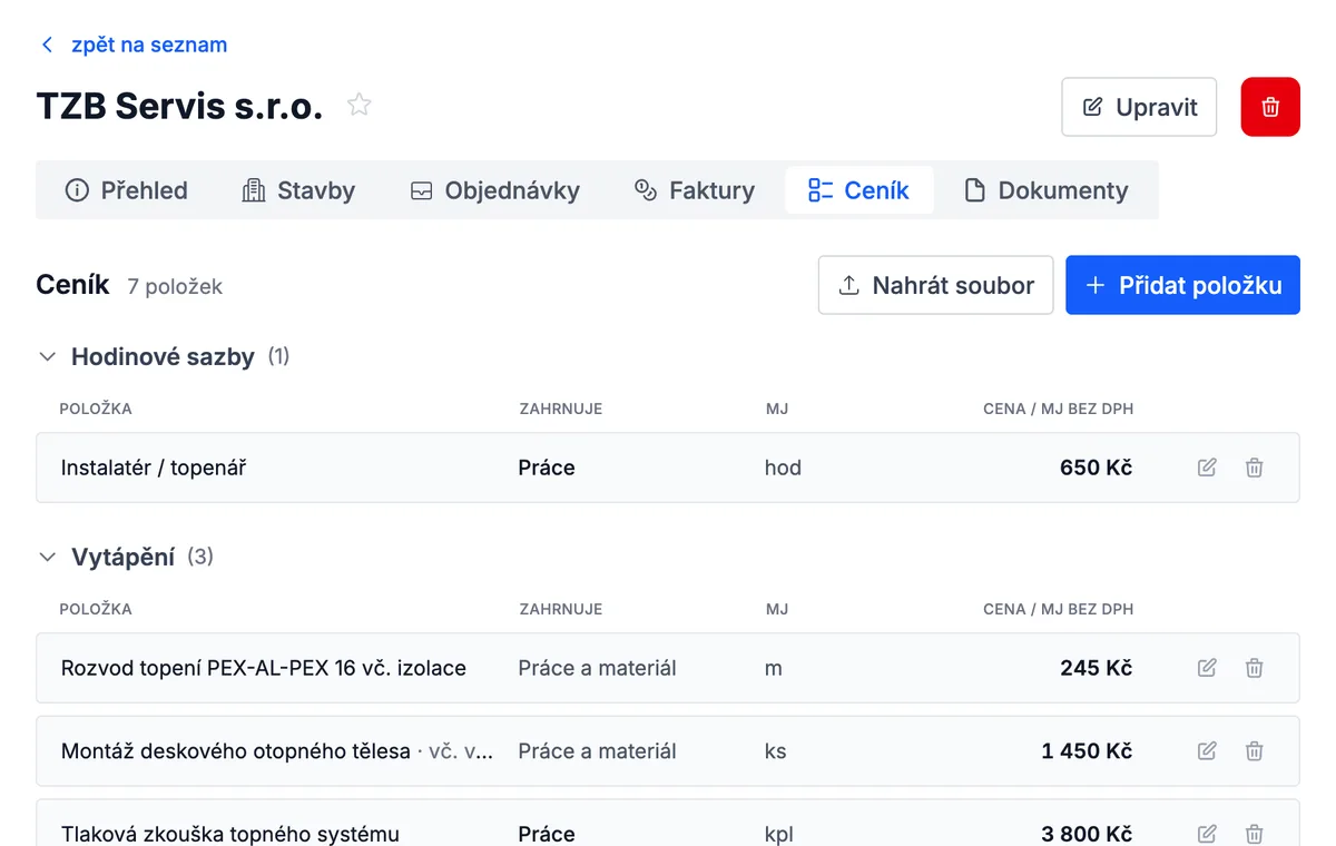 Ceník subdodavatele máte ve Stavcore