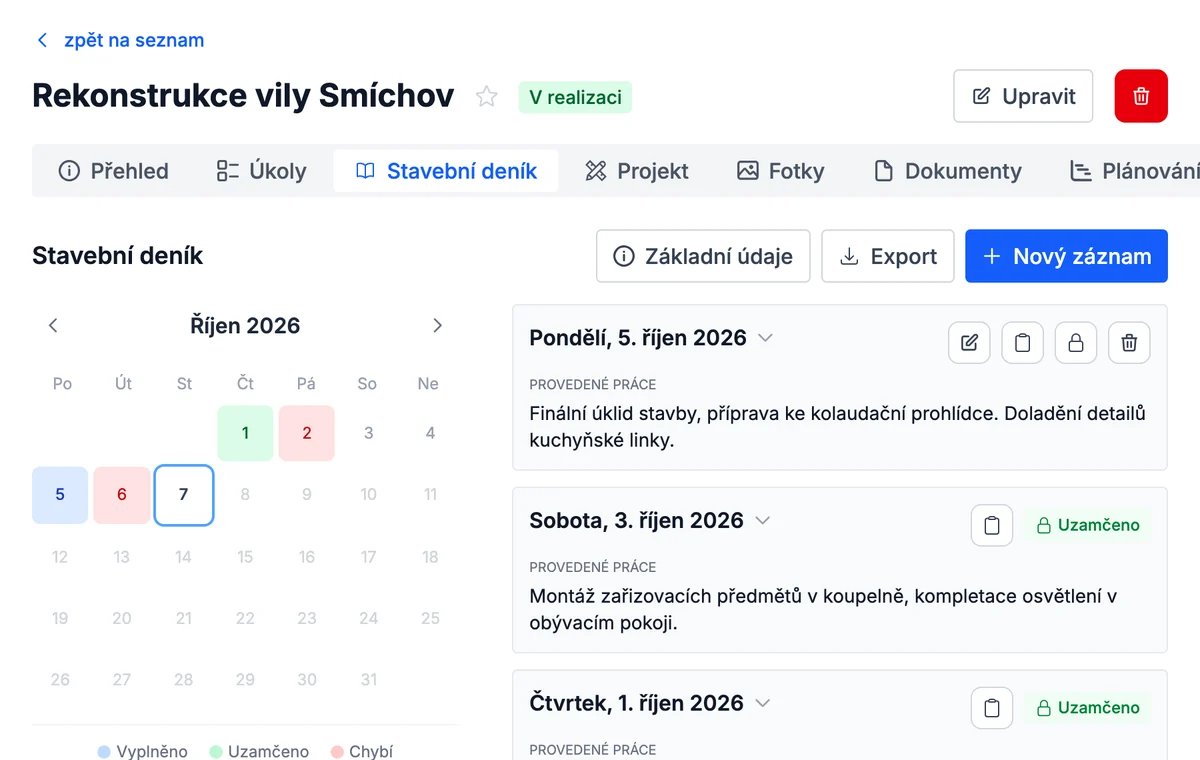 Otevřete deník a založte nový záznam
