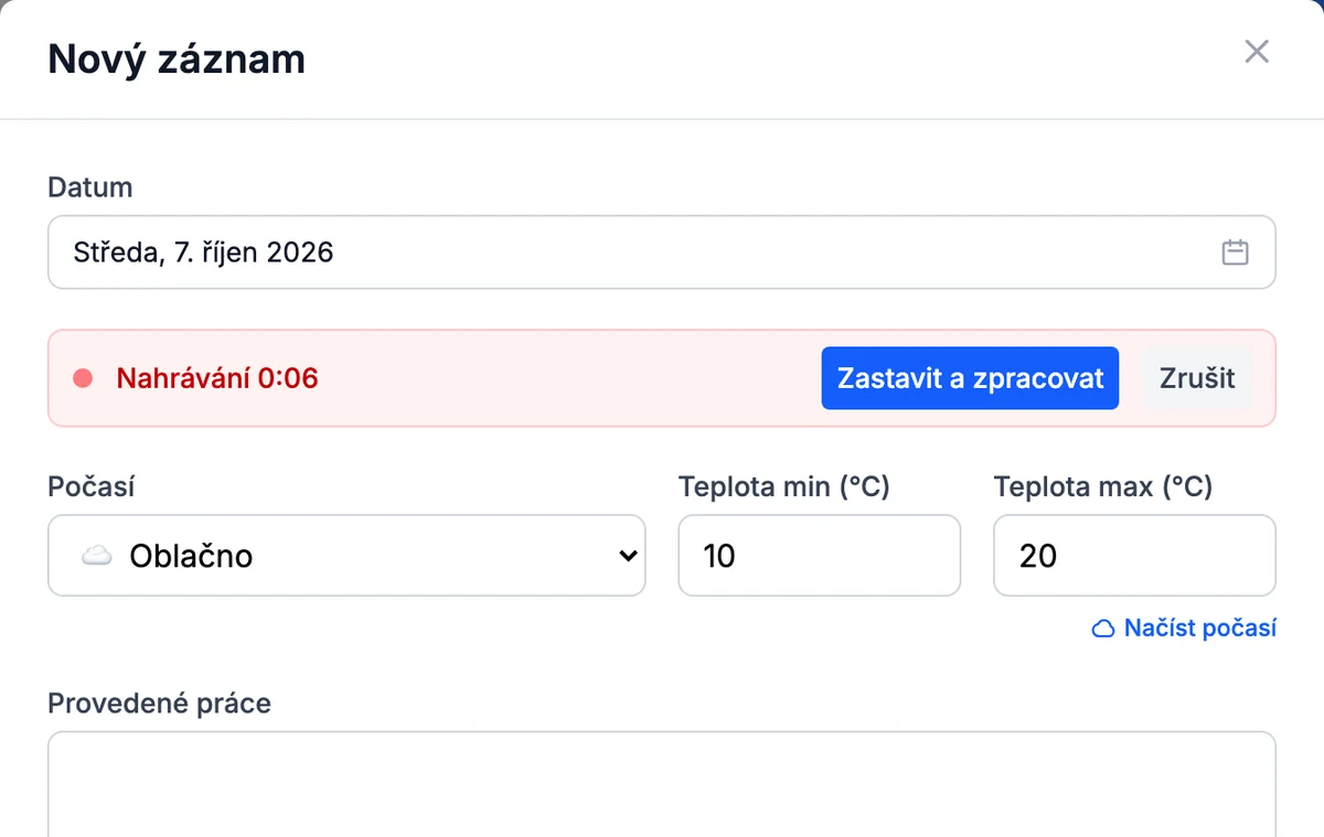 Klikněte na Nadiktovat záznam a mluvte
